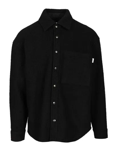 Amish Relaxed Fit Wool Blend Overshirt With Classic Collar In Black
