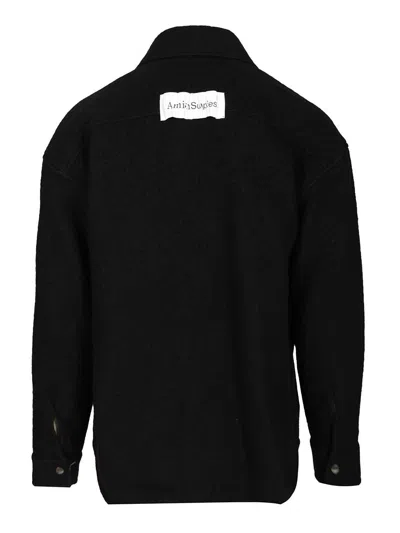 Amish Relaxed Fit Wool Blend Overshirt With Classic Collar In Black