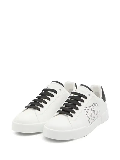 Dolce & Gabbana Portofino' White Low Top Sneakers With Perforated Logo In Leather In White