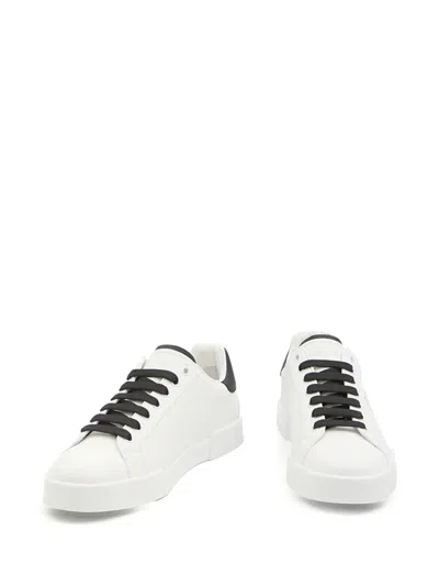 Dolce & Gabbana Portofino' White Low Top Sneakers With Perforated Logo In Leather In White
