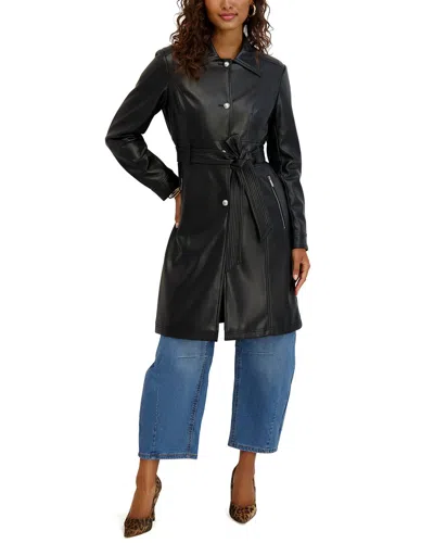 Kensie Belted Faux Leather Trench Coat In Black
