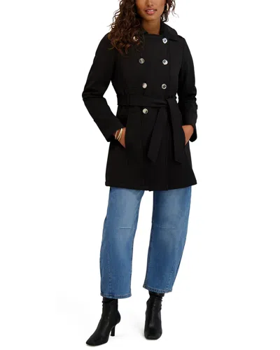 Kensie Hooded Double Breasted Soft Shell Jacket In Black