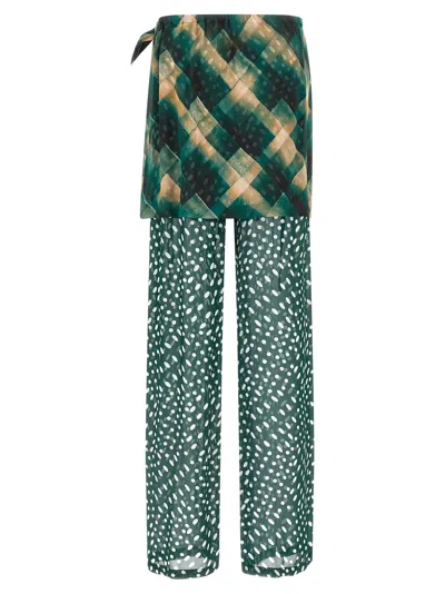 Dries Van Noten Layered Sheer Tie Waist Wrap Trousers In Green