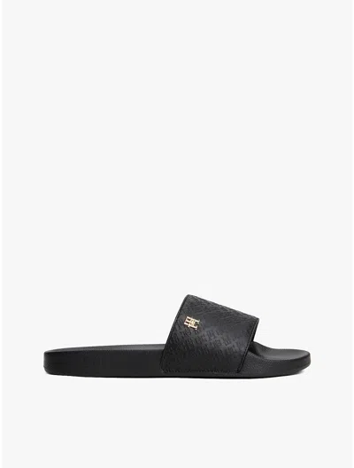 Tommy Hilfiger Embossed Allover Monogram Pool Slide In Black