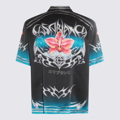 Casablanca Floral Graphic Short Sleeve Satin Top In Black