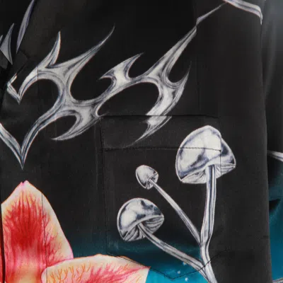 Casablanca Floral Graphic Short Sleeve Satin Top In Black