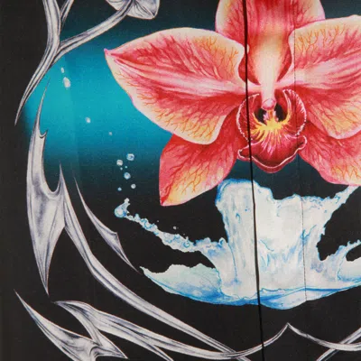 Casablanca Floral Graphic Short Sleeve Satin Top In Black