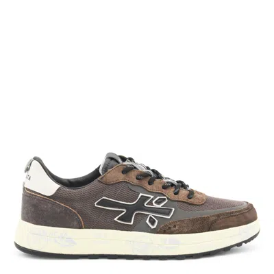 Premiata Layered Brown Sneakers With Textured Accents And Cream Sole In Multi