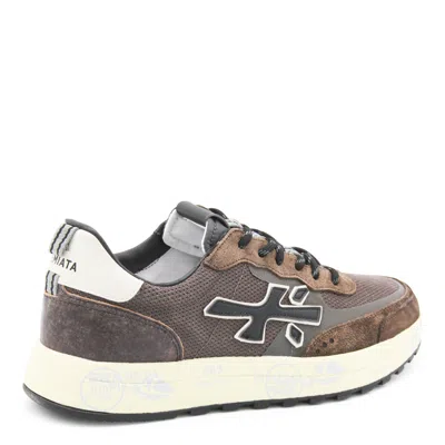 Premiata Layered Brown Sneakers With Textured Accents And Cream Sole In Multi