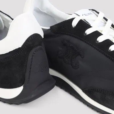 Celine Leather And Suede-trimmed Logo-embroidered Shell Sneakers In Black