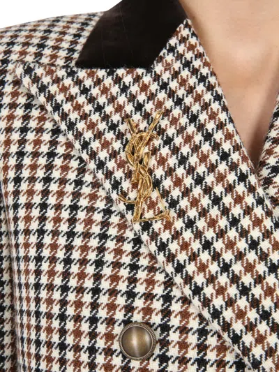 Saint Laurent Cassandras Crocodile Brooch In Brown