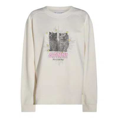 Ganni Off-white Isoli Kittens Drop Shoulder Sweatshirt In White