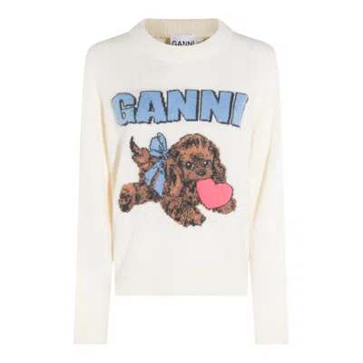 Ganni Crafted Wool Blend Puppy Love Crewneck Sweater In Neutral