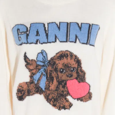 Ganni Crafted Wool Blend Puppy Love Crewneck Sweater In Neutral
