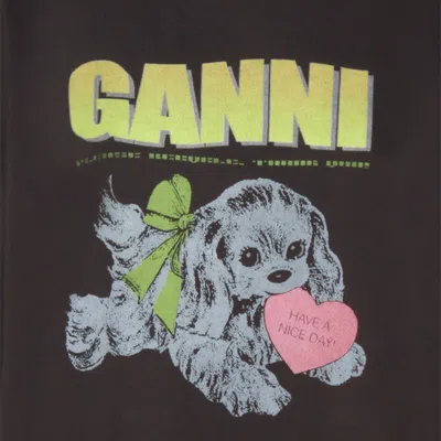 Ganni Isoli Oversized Hoodie With Graphic Puppy Print In Black