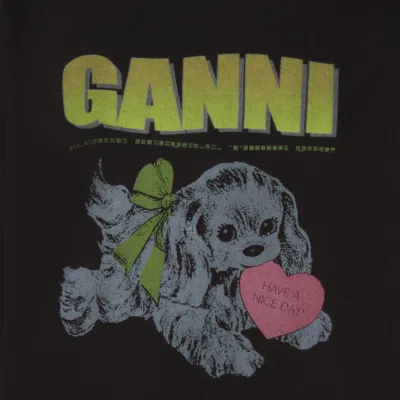 Ganni Isoli Oversized Hoodie With Graphic Puppy Print In Black