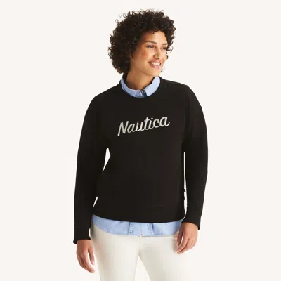 Nautica Womens Fleece Logo Crewneck Sweatshirt In Black