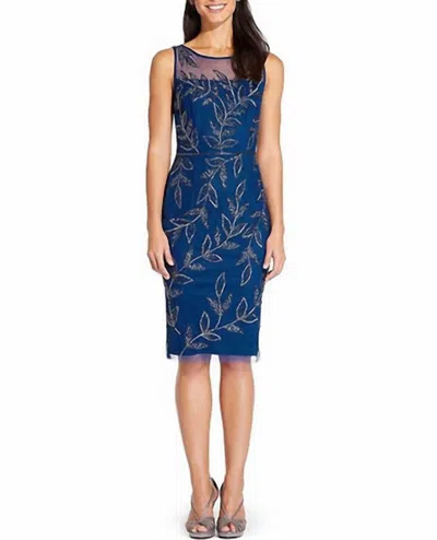 Adrianna Papell Sleeveless Beaded Sheath Cocktail Dress In Night Flight In Blue
