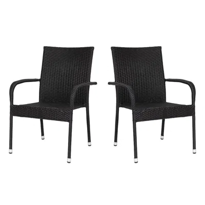 Flash Furniture Maxim Set Of 2 Stackable Indoor/outdoor Wicker Dining Chairs With Arms - Fade & Weather-resistant St In Black