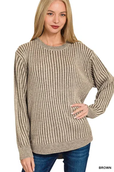 Truedames Curved Hem Two-tone Ribbed Sweater In Brown