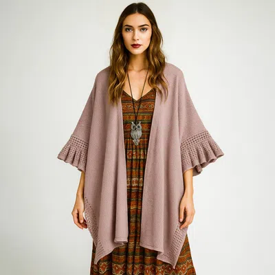 Truedames Solid Knit Open Front Punched Ruffle Sleeves Kimono Poncho In Pink