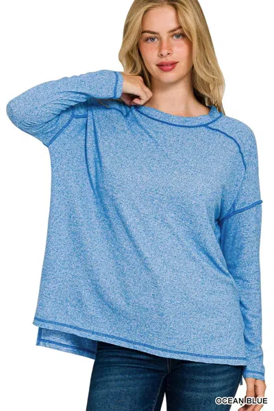 Truedames Full Size Melange Hacci Exposed Seam Hi-low Tee Plus Size In Blue