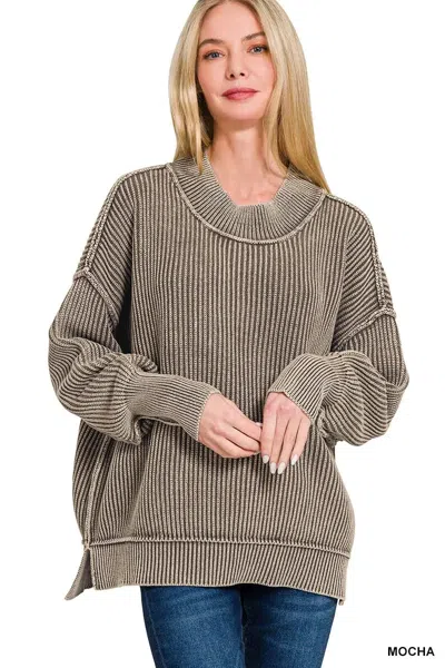 Truedames Washed Side Slit Oversized Sweater In Brown