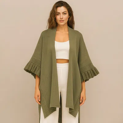 Truedames Solid Knit Open Front Punched Ruffle Sleeves Kimono Poncho In Green