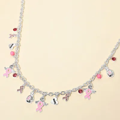 Fashnzfab Awareness Message Pink Ribbon Heart Angel Charm Station Necklace In Silver