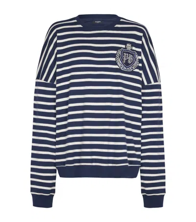 Balmain Cotton College Emblem Sweatshirt With Breton Stripes In Blue