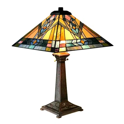 Chloelighting Michael Mission 2 Light Antique Dark Bronze Table Lamp 16" Shade In Multi