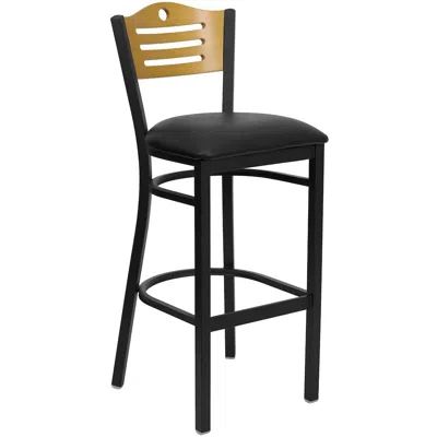 Flash Furniture Black Slat Back Metal Restaurant Barstool - Natural Wood Back, Black Vinyl Seat In Black
