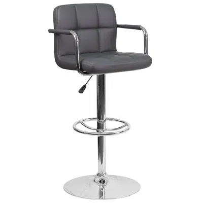 Flash Furniture Gray Quilted Vinyl Adjustable Height Barstool With Arms And Chrome Base In Silver