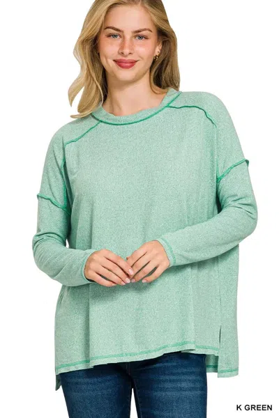 Truedames Full Size Melange Hacci Exposed Seam Hi-low Tee Plus Size In Green