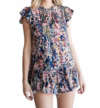 Jodifl Watercolor Floral Ruffle Sleeve Top In Navy Peach Combo In Multi