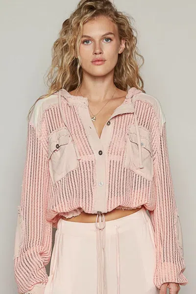 Truedames Texture Woven Button Down Hooded Shirt With Drawstring Hem In Pink