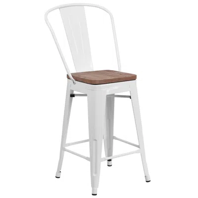 Flash Furniture 24" High White Metal Counter Height Stool With Back And Wood Seat In White