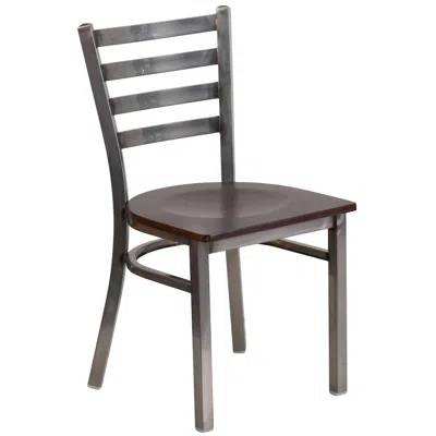 Flash Furniture Clear Coated Ladder Back Metal Restaurant Chair - Walnut Wood Seat In Brown