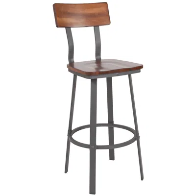 Flash Furniture Rustic Walnut Restaurant Barstool & Back And Gray Powder Coat Frame In Brown