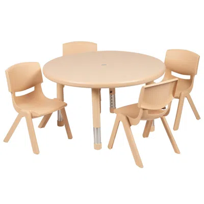 Flash Furniture 33" Round Natural Plastic Height Adjustable Activity Table Set With 4 Chairs In Neutral