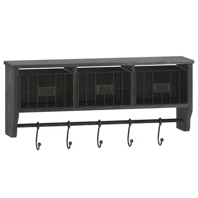 Flash Furniture Wall Mounted 24 In Solid Pine Wood Storage Rack With Upper Shelf In Blackwashed In Black