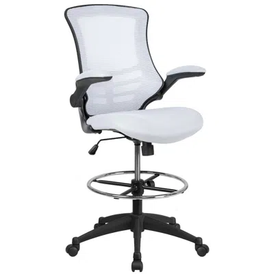 Flash Furniture Mid-back White Mesh Drafting Chair With Adjustable Foot Ring And Flip-up Arms In White