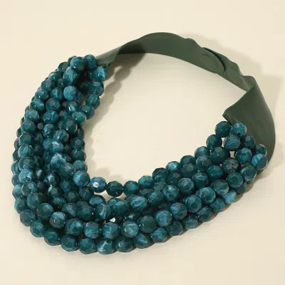 Fashnzfab Marbled Faceted Ball Beaded Multi Layered Faux Leather Magnetic Necklace In Blue
