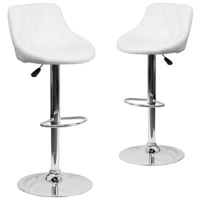 Flash Furniture 2 Pk. Contemporary White Vinyl Bucket Seat Adjustable Height Barstool With Chrome Base In White