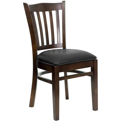 Flash Furniture Vertical Slat Back Walnut Wood Restaurant Chair - Black Vinyl Seat In Brown