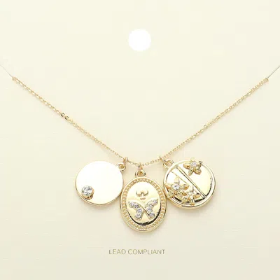 Fashnzfab Stone Paved Butterfly Flower Pointed Disc Charm Pendant Necklace In Gold