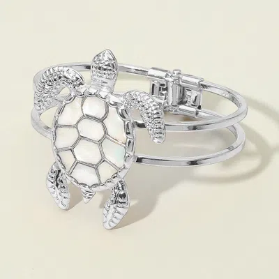 Fashnzfab Intricate Mother Of Pearl Shell Design Turtle Hinged Bracelet In Silver
