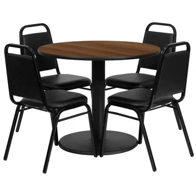 Flash Furniture 36'' Walnut Table Set With Base And 4 Black Trapezoidal Back Banquet Chairs In Black