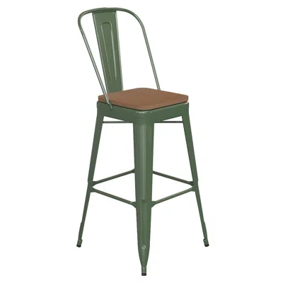 Flash Furniture 30" High Green Metal Bar Height Stool With Teak All-weather Poly Resin Seat In Green