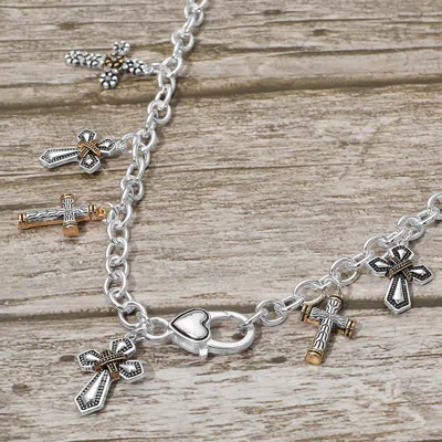 Fashnzfab Antique Metal Multi Cross Charm Station Necklace In Silver